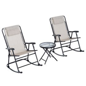 3 Piece Outdoor Rocking Chair Set, Patio Folding Lawn Rocker Set with Glass Coffee Table, Headrests for Yard, Patio, Deck, Backyard, Cream White