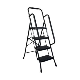 4 Step Ladder, Folding Step Stool with Wide Anti-Slip Pedal, Sturdy Steel Ladder, Convenient Handrail, Lightweight, Portable Steel Step Stool (Option: Black)