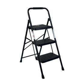 3 Step Ladder, Folding Step Stool with Wide Anti-Slip Pedal, Sturdy Steel Ladder,  Lightweight, Portable Steel Step Stool (Option: Black)