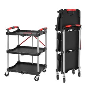Foldable Utility Service Cart,  3 Shelf Heavy Duty Plastic Rolling Cart with 360° Swivel Wheels (2 with Brakes), Ergonomic Handle, Portable Garag (Option: Black)