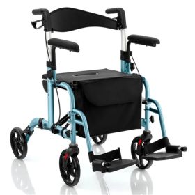 2-in-1 Rollator Walker & Wheelchair (300lbs): 6-Level Adjustable Handles, 1-Hand Folding, Storage Bag + Cane Holder for Elderly-Navy (Option: Default Title)