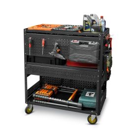 3-Tier DIY Detachable Utility Cart Storage Tool Cart With Steel Pegboard, Foldable Rolling Tool Cart With Wheels For Garage Organizer And Tool St (Option: Black)