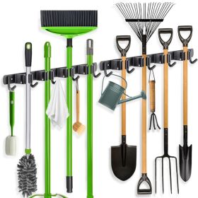 2 Pack Mop Broom Holder Wall Mount 4 Racks 5 Hooks Storage Black (Option: Black)