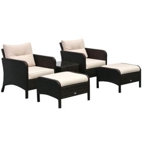 5 Pieces Rattan Wicker Lounge Chair Outdoor Patio Conversation Set with 2 Cushioned Chairs, 2 Ottomans and Tempered Glass Top Coffee Table, Brow (Option: Beige-640x640x530 mm)