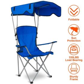 Foldable Beach Canopy Chair Sun Protection Camping Lawn Canopy Chair 330LBS Load Folding Seat w/ Cup Holder For Beach Poolside Travel Picnic (Option: Blue)