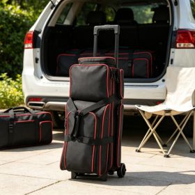3 Ball Double Roller Bowling Bag With Wheels, Retractable Handle Extends To 41.34 In, Separate Shoe Compartment Fits Up To US Size 16 & Oversized (Option: 29075557)